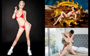 Short-haired model Skye Blue wanks a BBC with her big tits and humps it